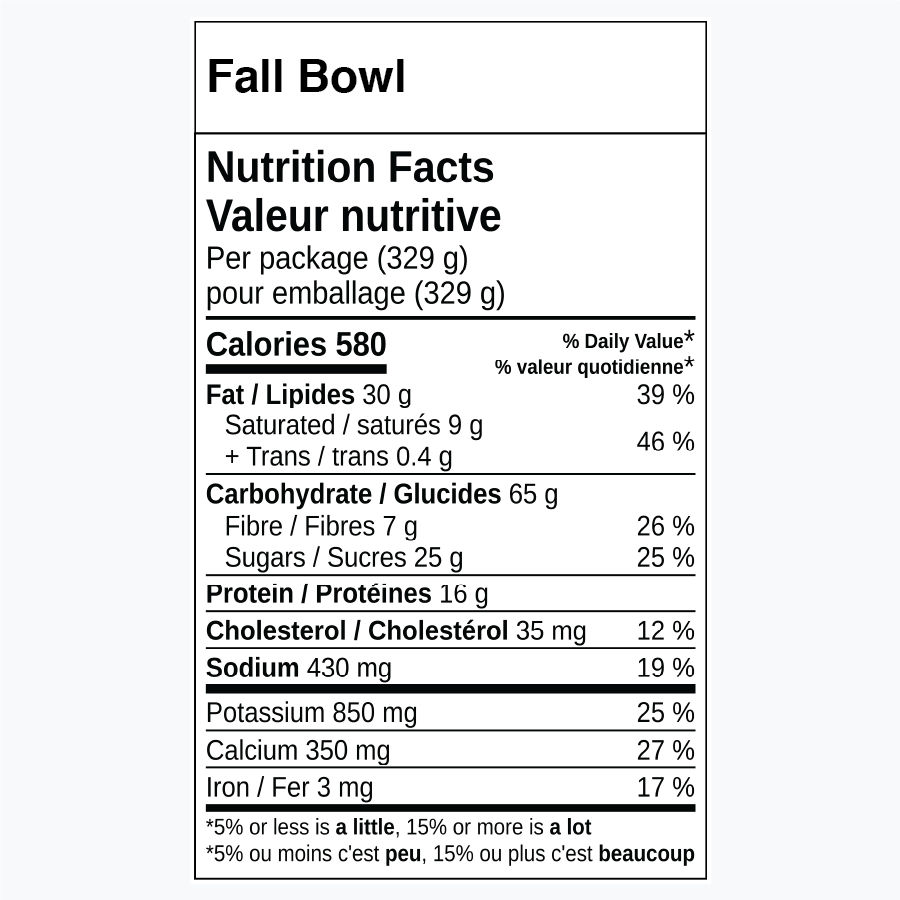 Étiquette de valeur nutritive pour Bol D’Automne , y compris les calories et les nutriments.