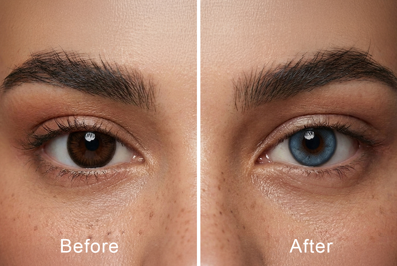 Before and after comparison of dark brown eyes without and with EyeCandys colored contact lenses showing visible color transformation on dark eyes