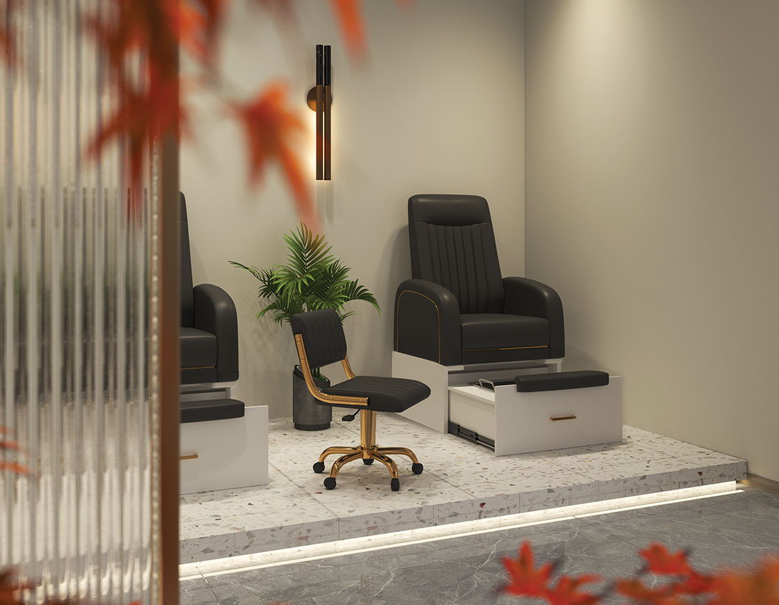 A serene nail salon interior with comfortable chairs and plants.