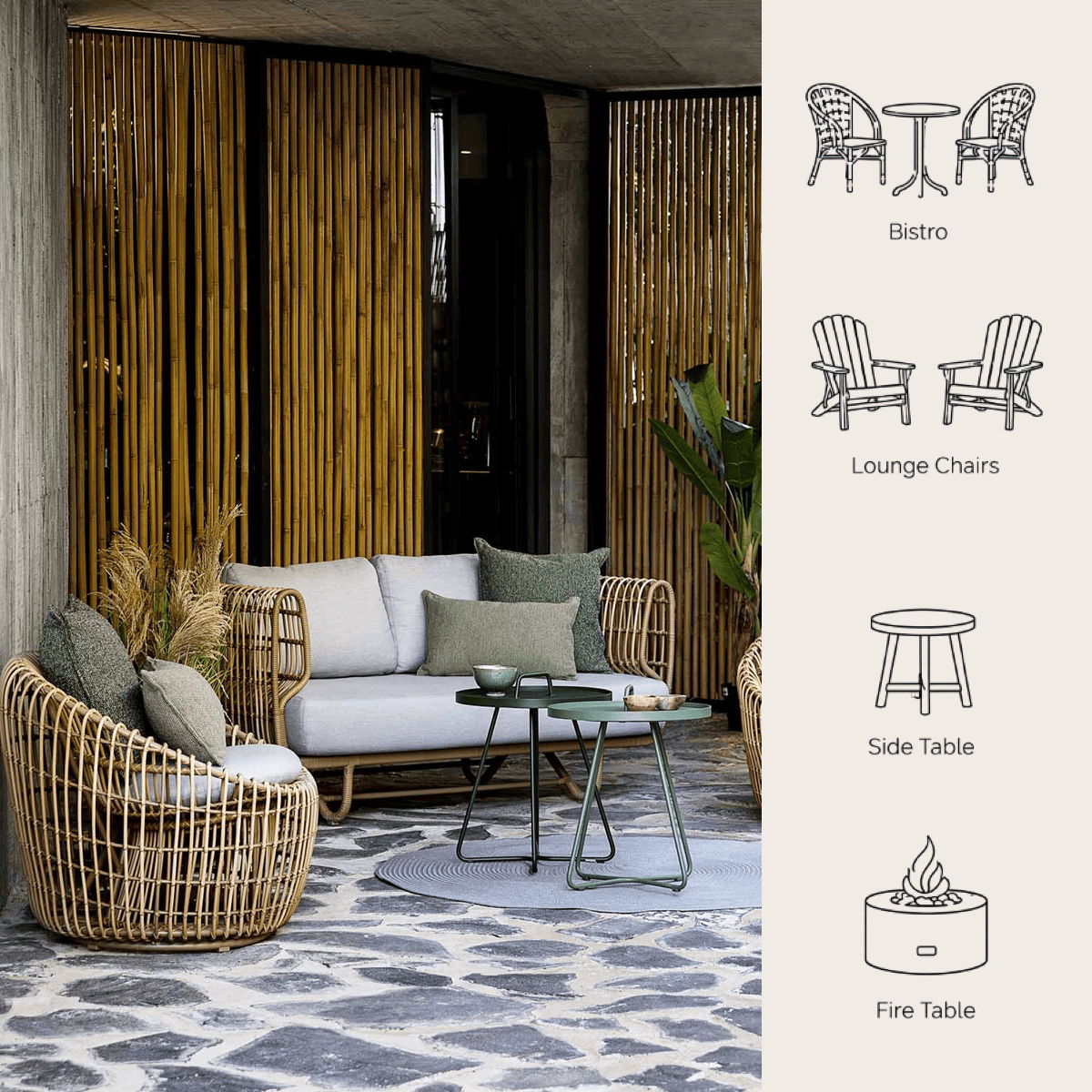  Small vacation rental patio furniture plan with bistro seating, lounge chairs, side table, and fire table icons.