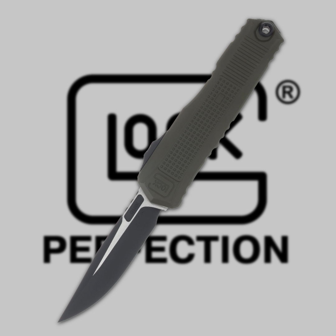 Knife with black blade and gray handle over 