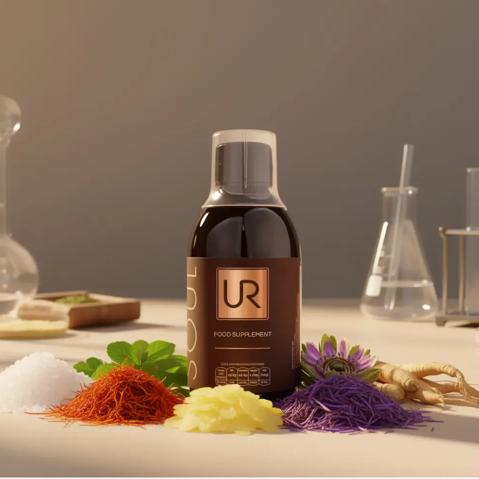 UR SOUL bottle surrounded by ingredients and laboratory glassware on a table.