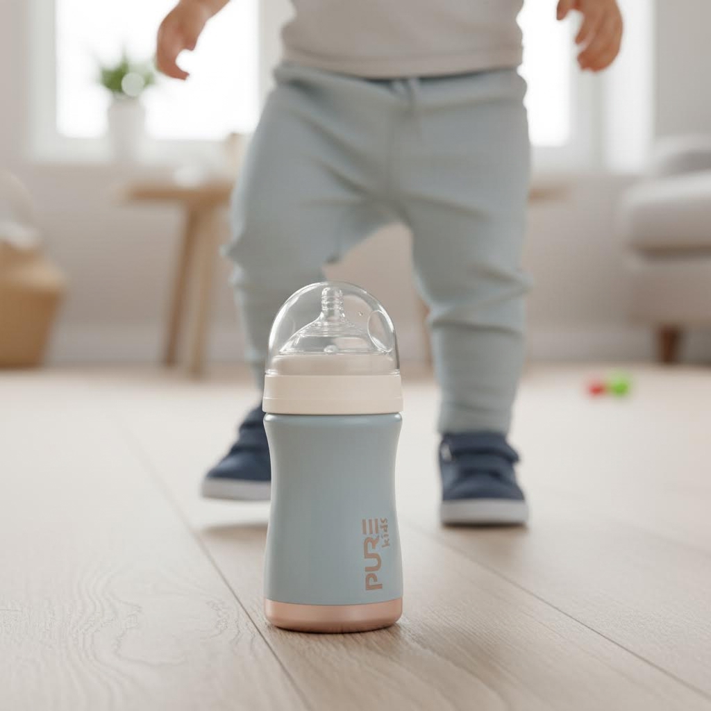Toddler walking toward a blue baby bottle on the wood floor