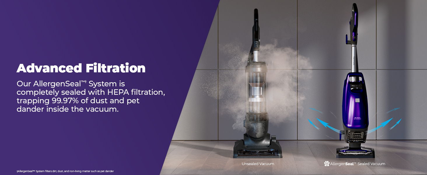 Advanced filtration vacuum cleaner with dual filtration system and dust removal features.