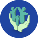 Hands holding stylized figures representing family or community support.