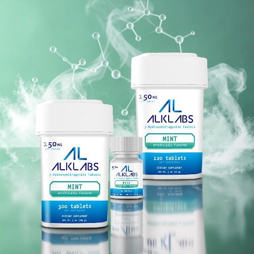 Alklabs mint tablets in various container sizes on a green background.