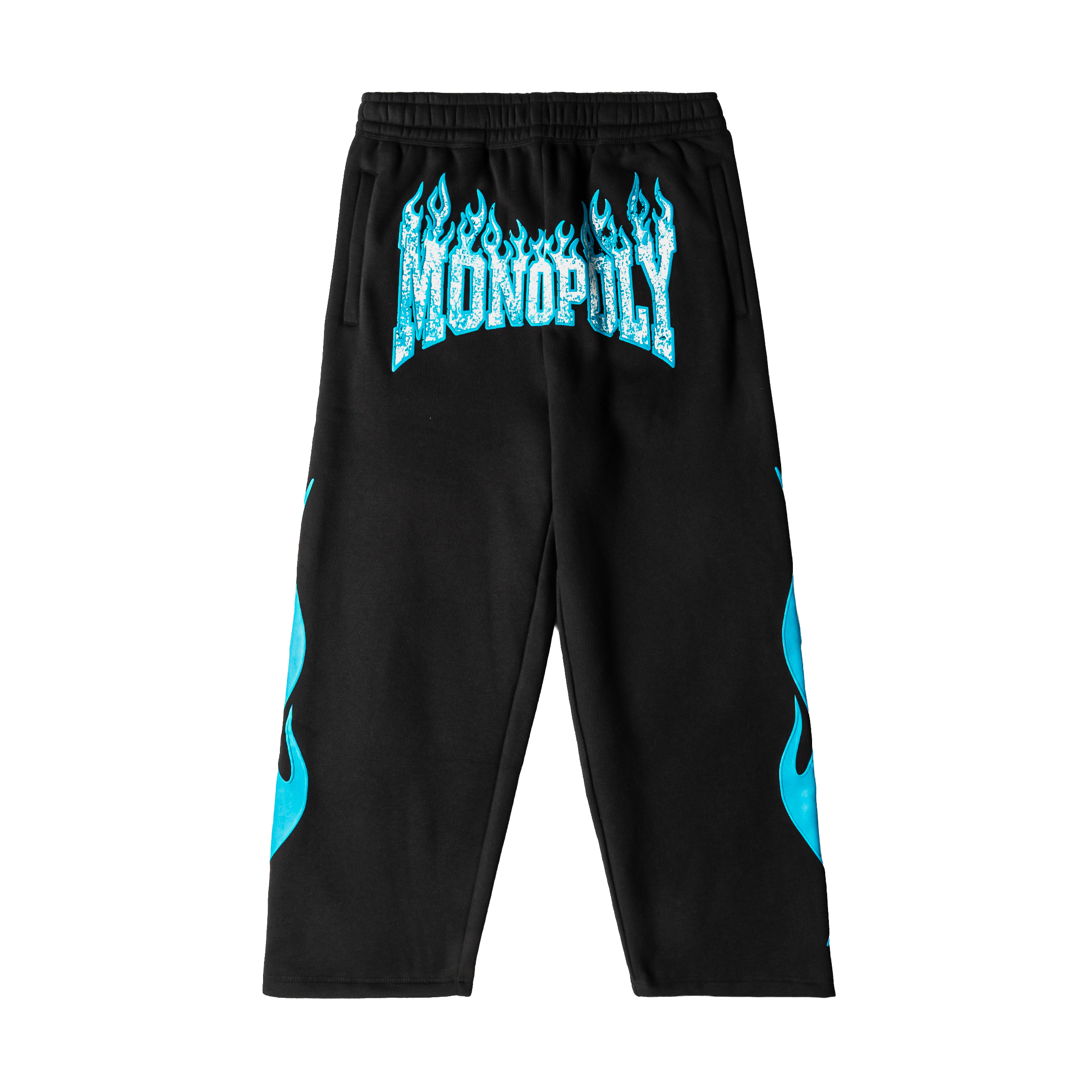 Black sweatpants with blue flame design and 