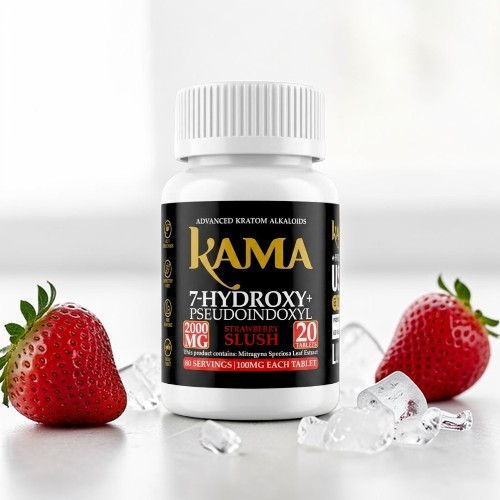 Bottle of dietary supplement with strawberries and ice.
