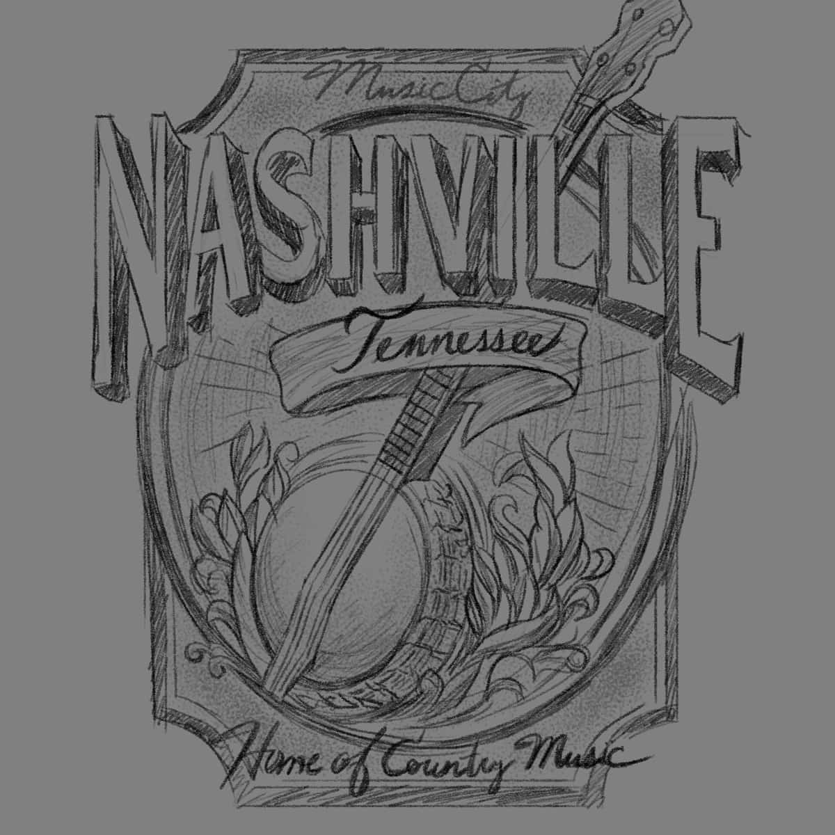 Engraving style Nashville poster sketch