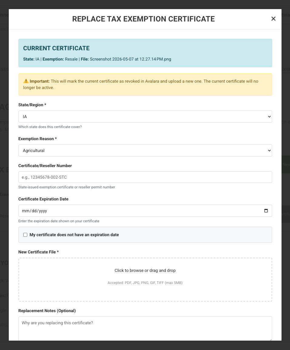 Form for replacing a tax exemption certificate with required fields.