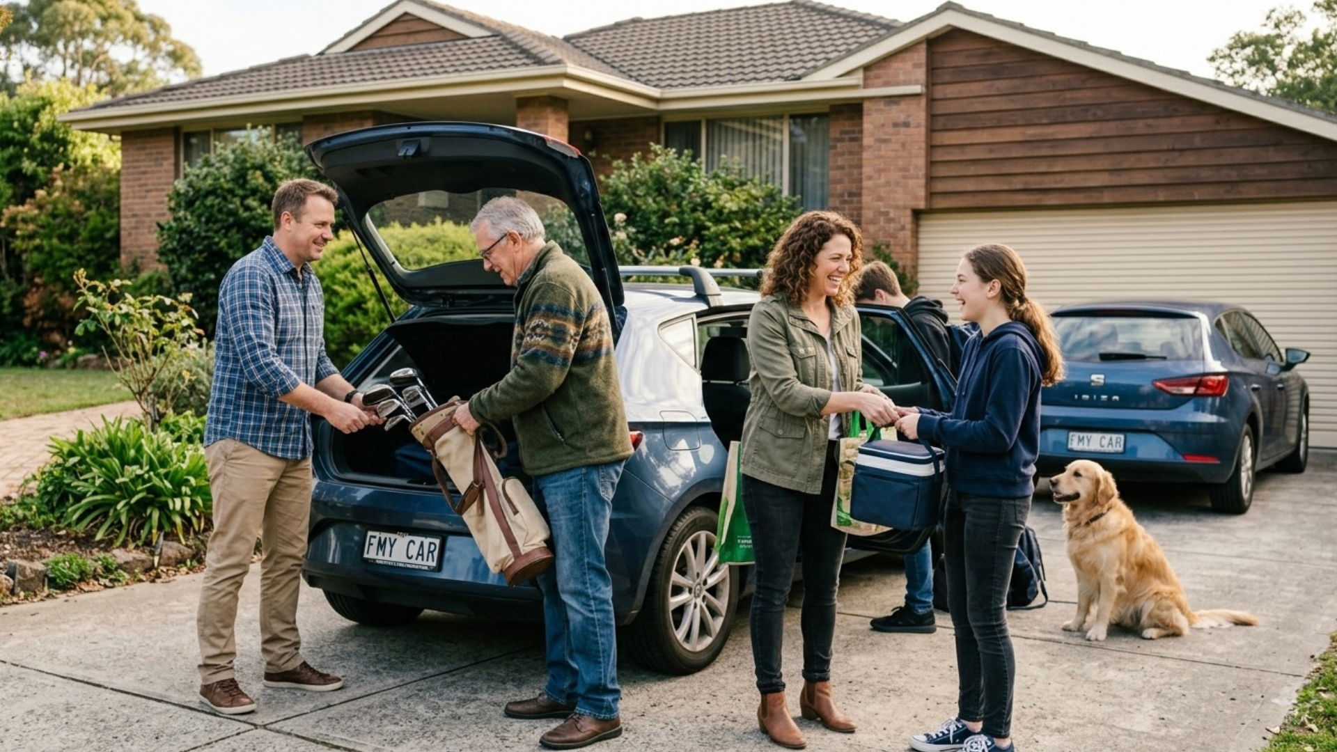 Four people interacting near a car in a residential driveway with a dog.