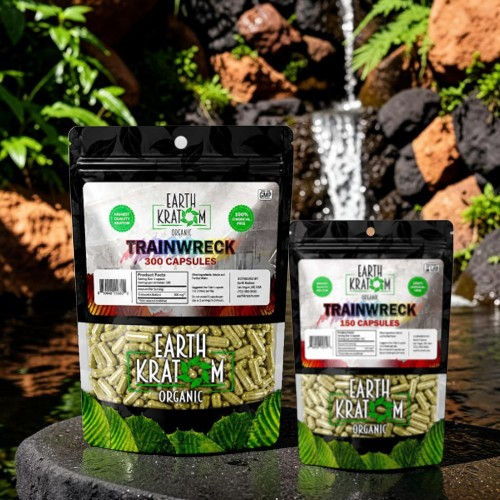 Two packages of kratom capsules in a natural setting.