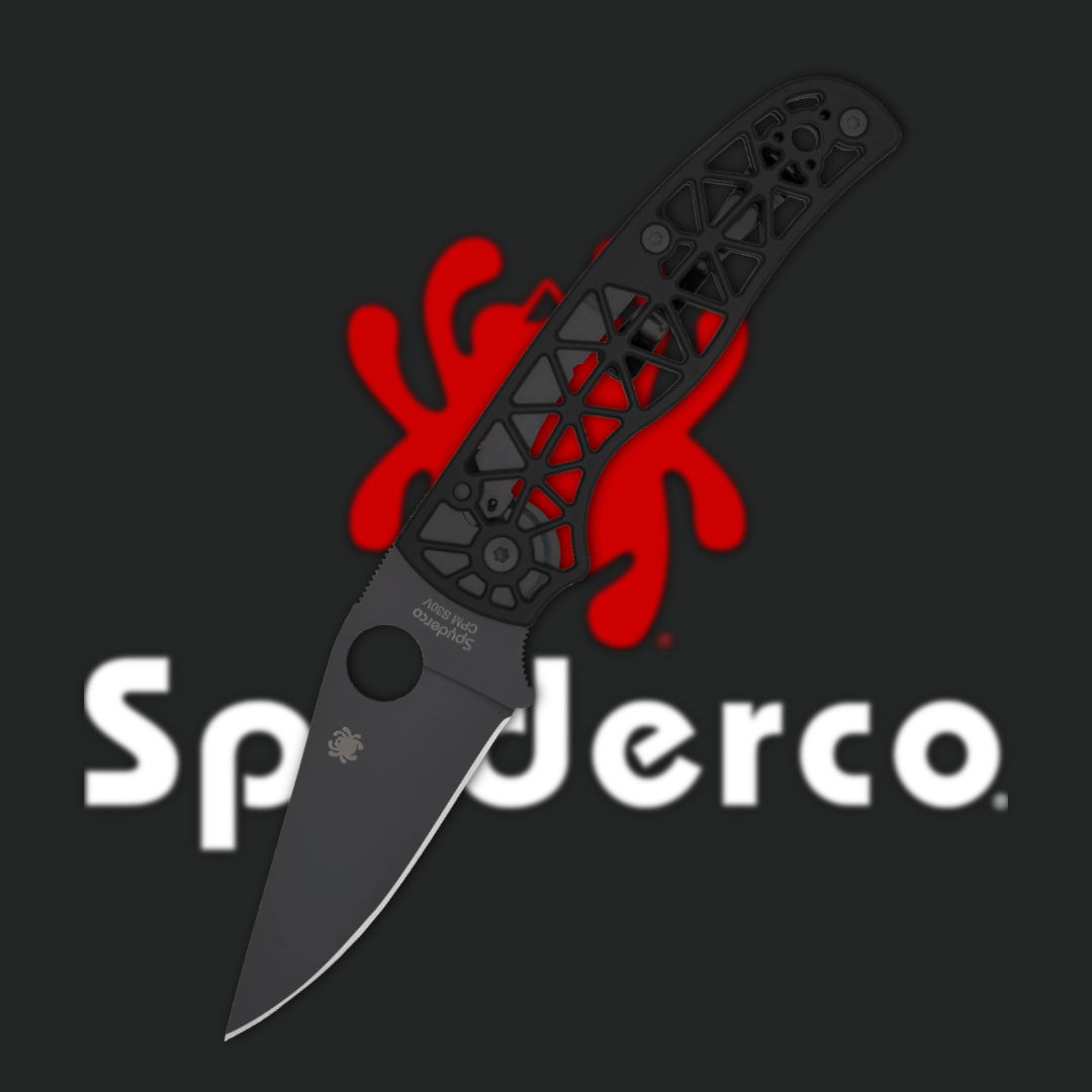 Spyderco logo with a folding knife illustration on a dark background.