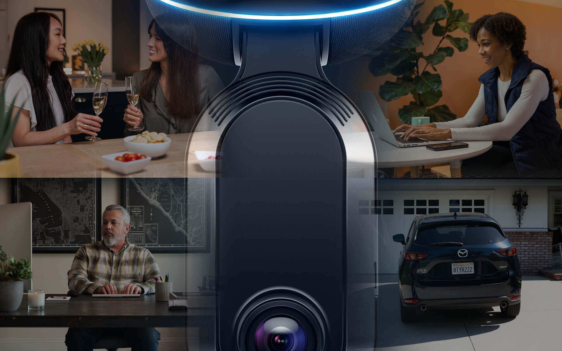 Device showcasing multiple scenes of people interacting and a car in a garage.
