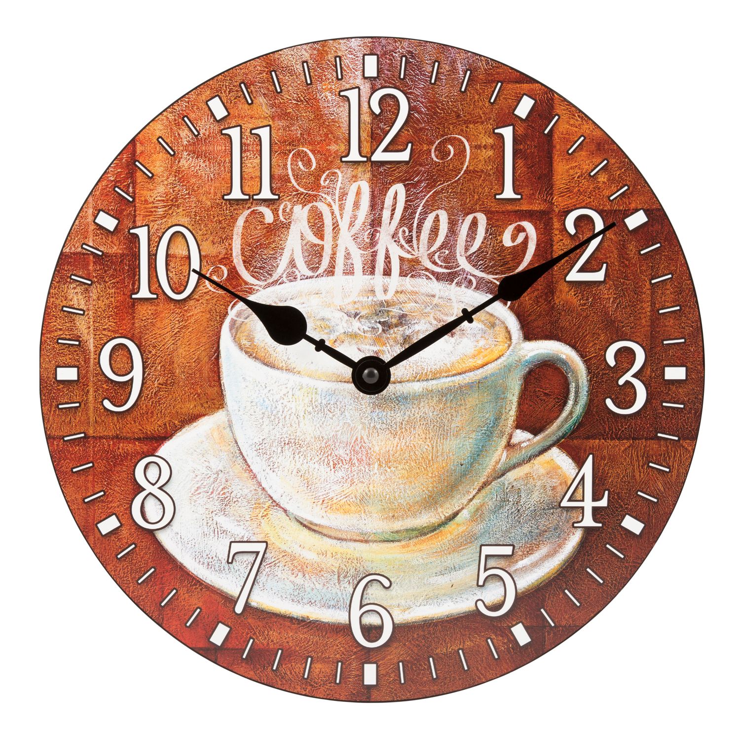 12-inch Coffee Clock with a coffee cup design on a brick wall above kitchen counter.