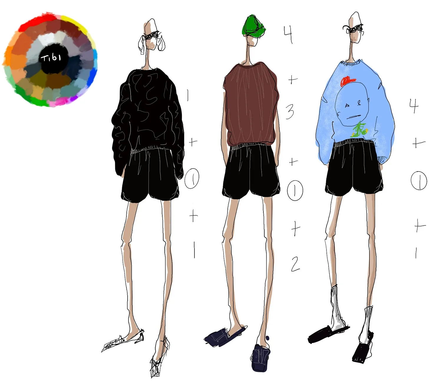 Three stylized figures wearing different outfits and a color palette.