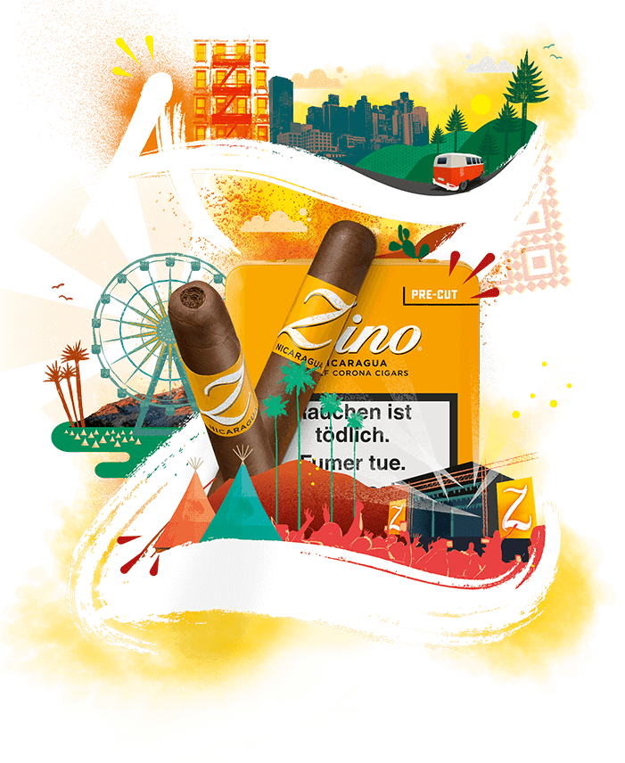 Ein Foto von zwei Zino Half Corona-Zigarren, die vor ihrer gelben Dose platziert sind. Das Bild ist eingebettet in eine ansehnliche Grafik von Zino Nicaragua, die ein kleines A mit einem grossen Z verbindet und den Betrachter mit ihren Grafiken von einem aktiven und abenteuerlichen Lifestyle in ihren Bann zieht.