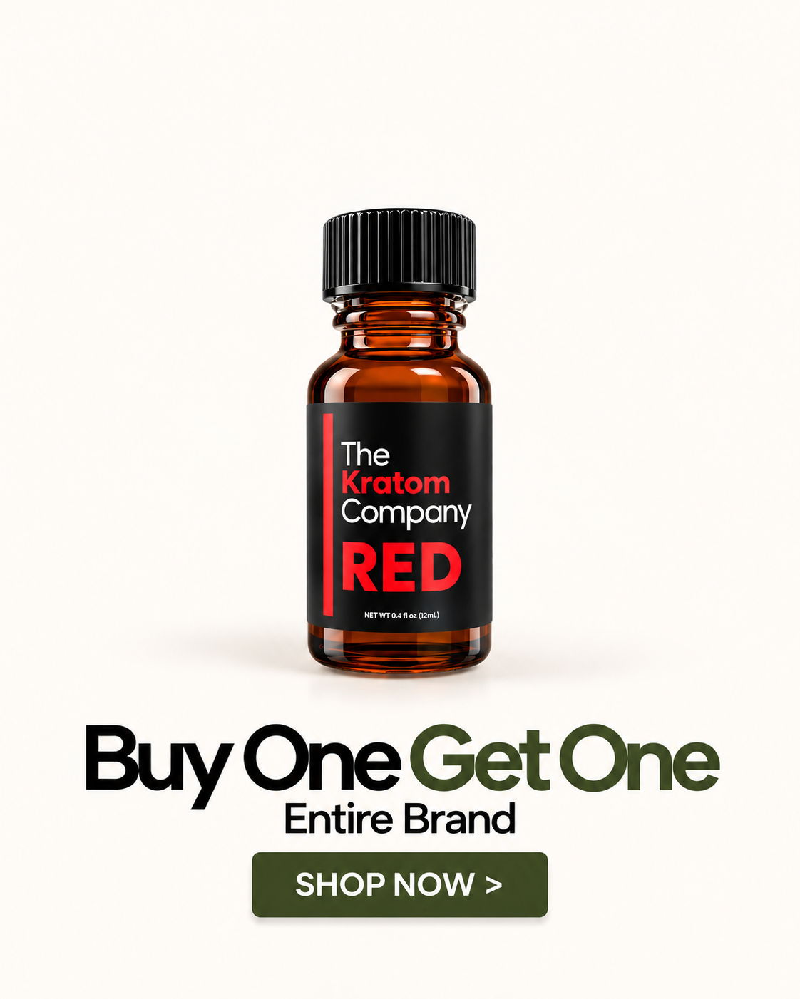 Bottle of Kratom Company RED with promotional text for buy one, get one.