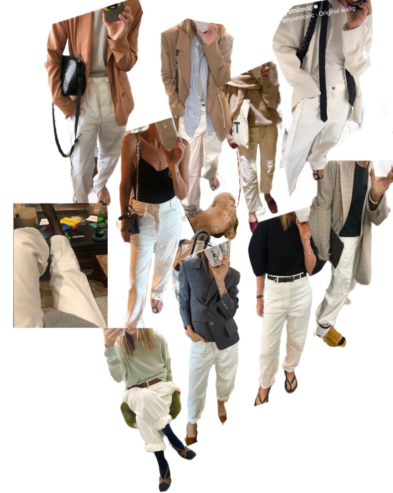 Collection of fashion outfits featuring white pants and various tops.