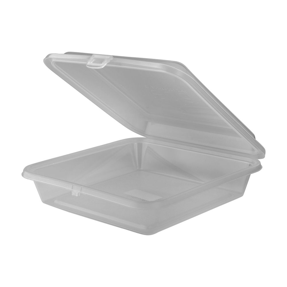 Clear plastic storage container with a hinged lid, partially open.