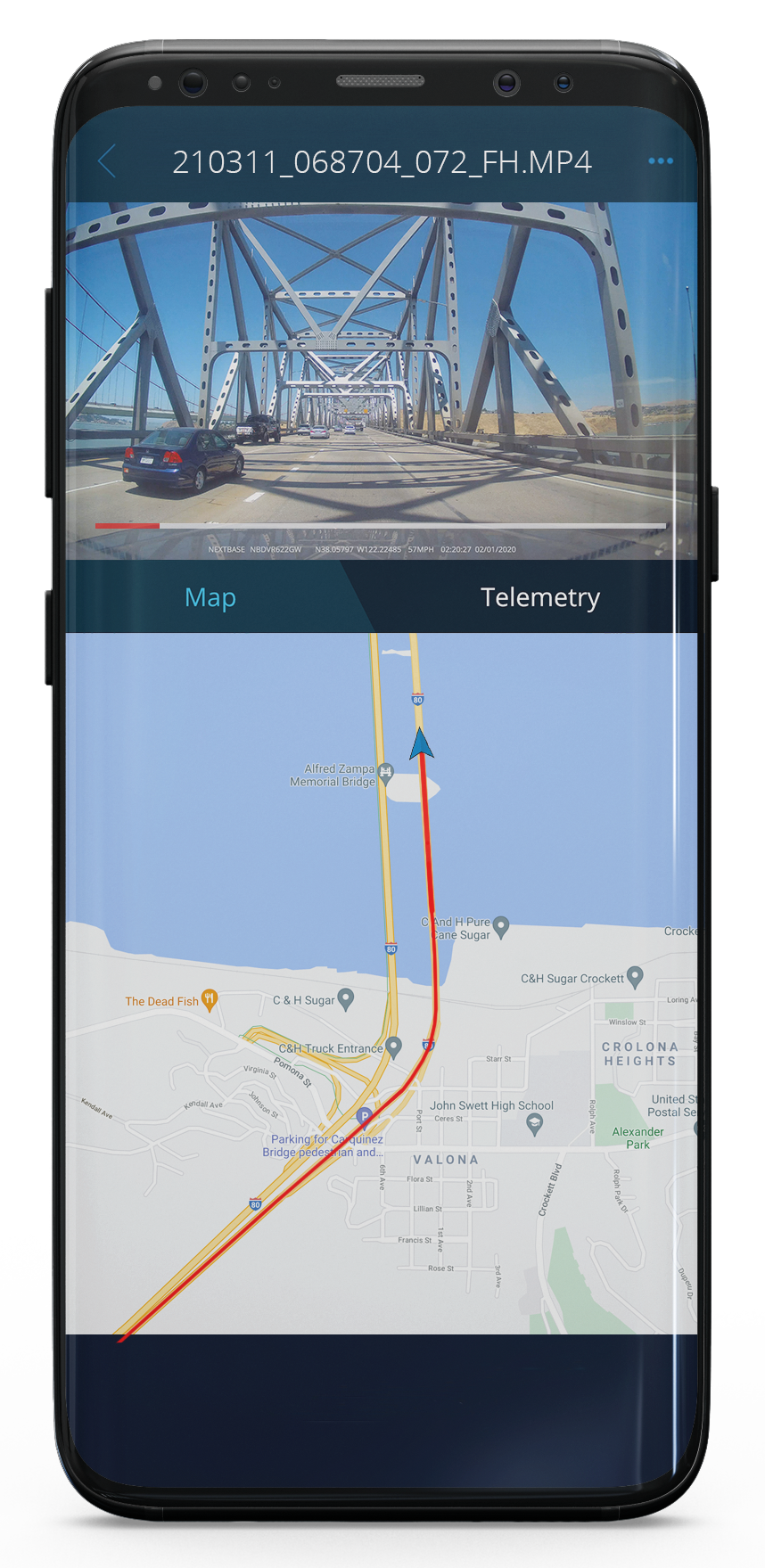 Smartphone displaying a bridge image and a map with telemetry information.