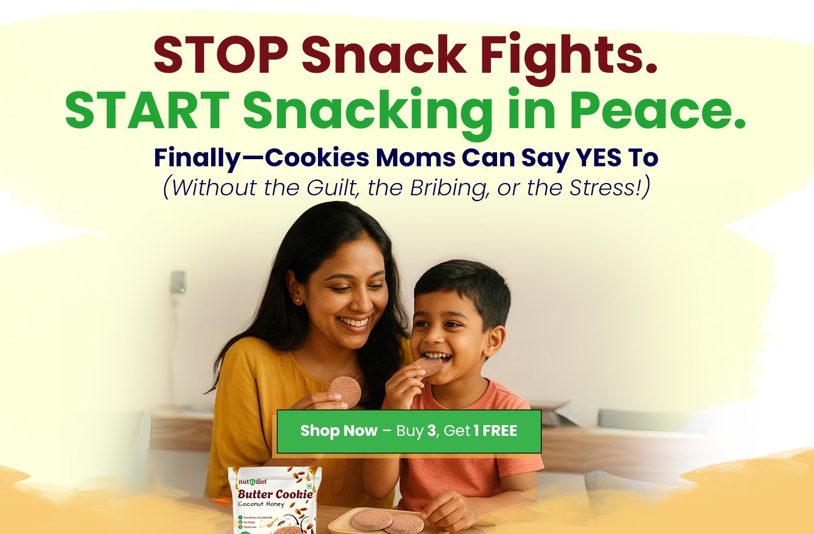 om and son eating nutndiet cookies enjoying snack time peace.