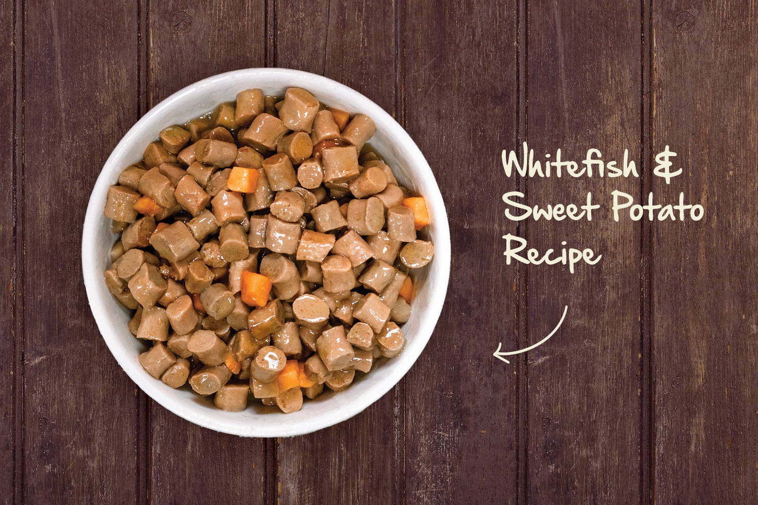 Photograph of Whitefish & Sweet Potato Recipe Stew in a dog bowl