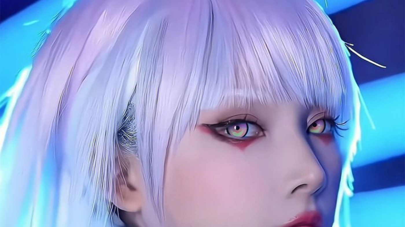 Close-up portrait of a cosplayer wearing colored contact lenses as part of a costume transformation, enhancing the character’s eye color and overall cosplay look.