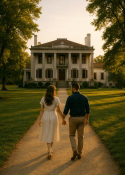 Couple walking hand-in-hand toward the mansion at Belle Meade Historic Site