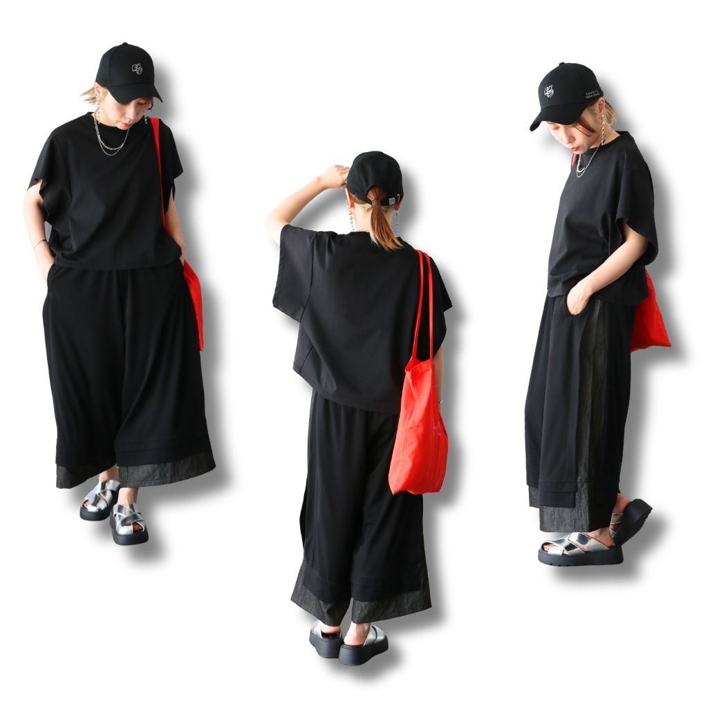 Person wearing black outfit with red bag and cap, posing in three angles.