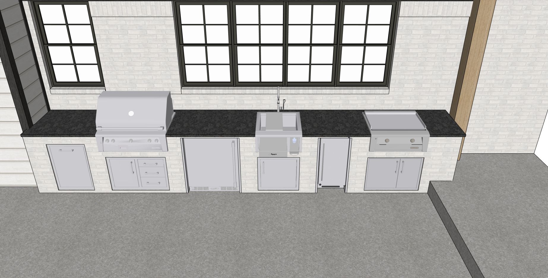 Modern kitchen design with appliances and a countertop.