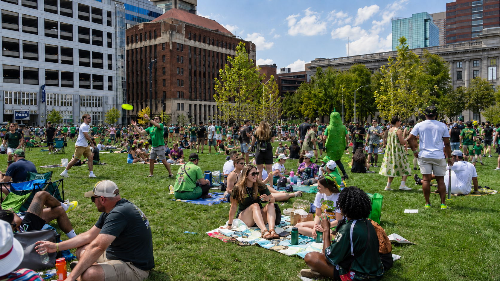 People enjoying a sunny day on grass, with buildings in the background.