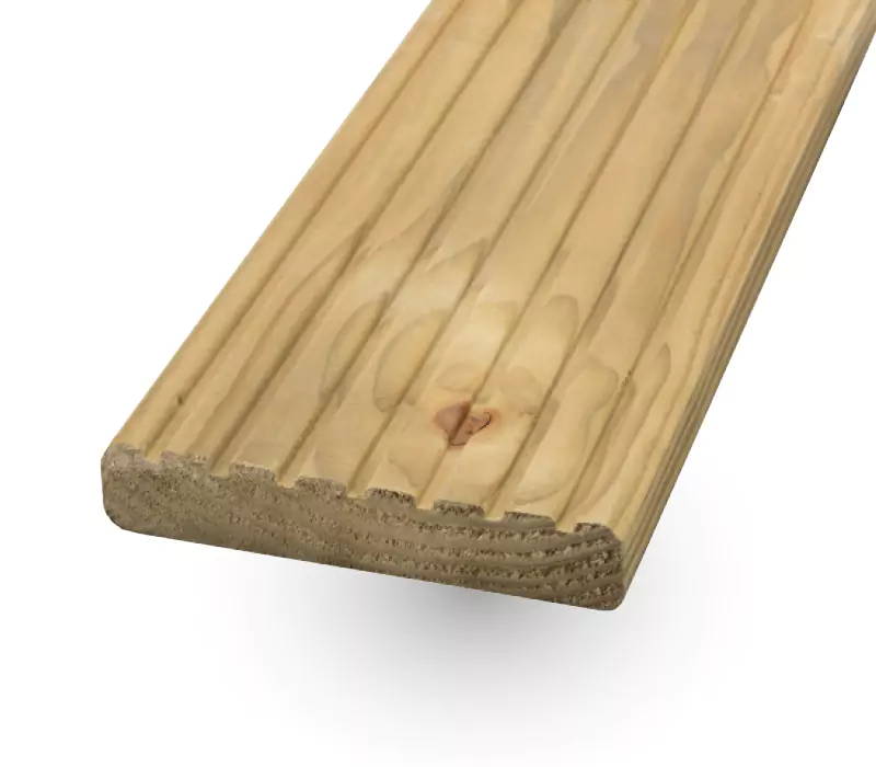 An image of a timber smooth and grooved board which is indicated as being a wider board which can be fitted faster. 