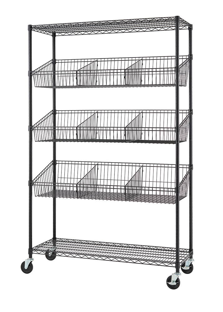 5-tier wire shelf with baskets and dividers on wheels