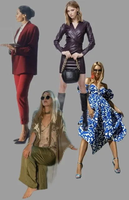 Four fashionable women in various stylish outfits against a gray background.