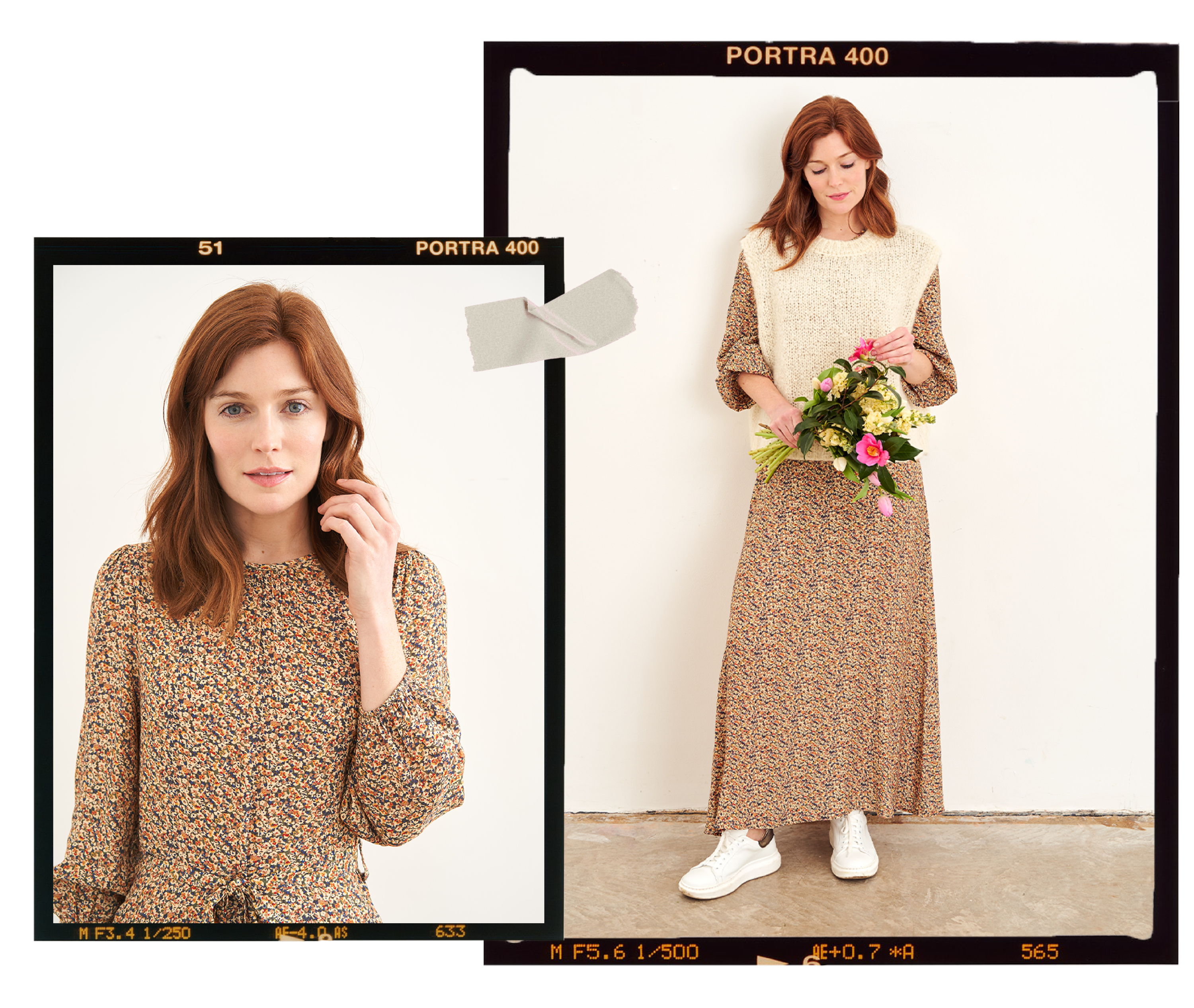 A mmodel wearing a floral patterned long sleeve midi didress with off white platform slideds sitting on a wooden chair and holding a floral bouquet