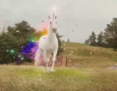 A unicorn running through a colorful, magical landscape.