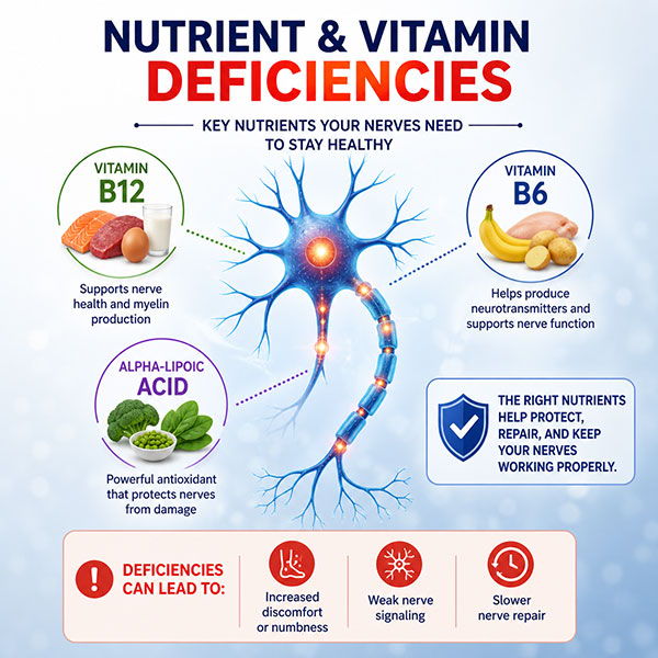 Nutrient and vitamin deficiencies impacting nerve health and function.