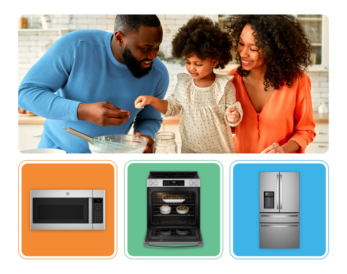 Family cooking together with appliances displayed below.