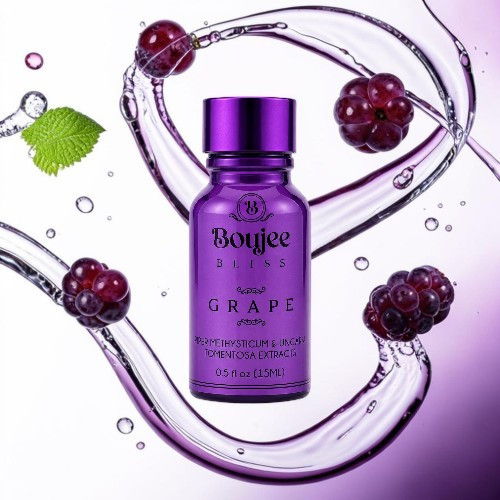 Bottle of grape essence surrounded by grapes and flowing liquid.