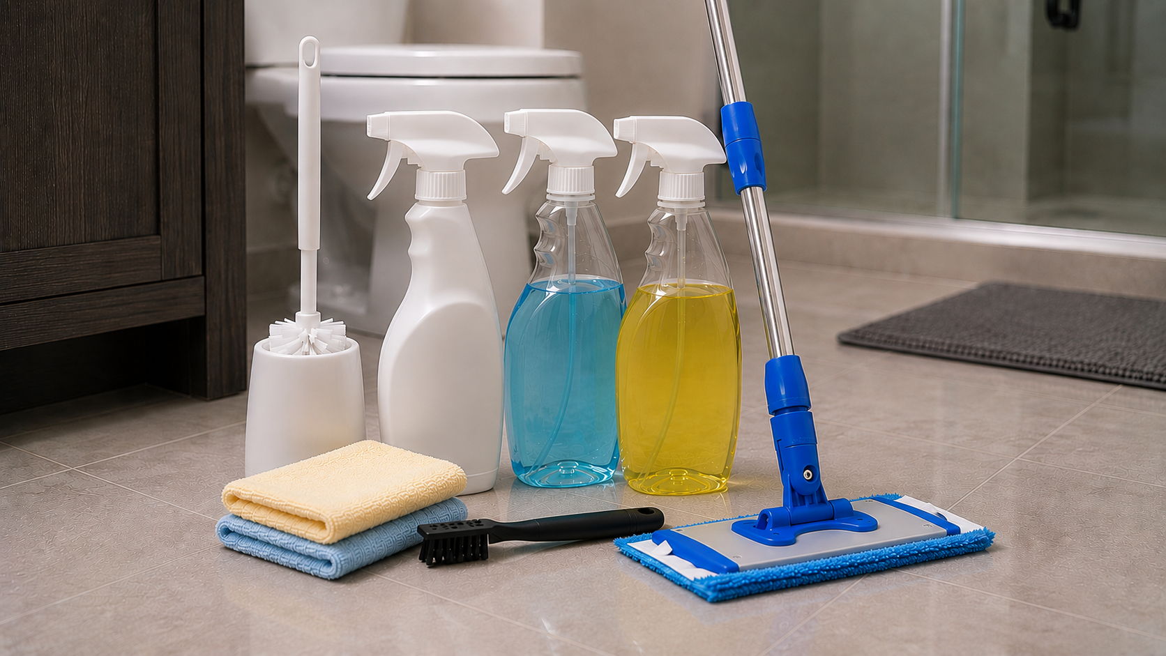 Cleaning supplies including sprays, cloths, and a mop on a bathroom floor.