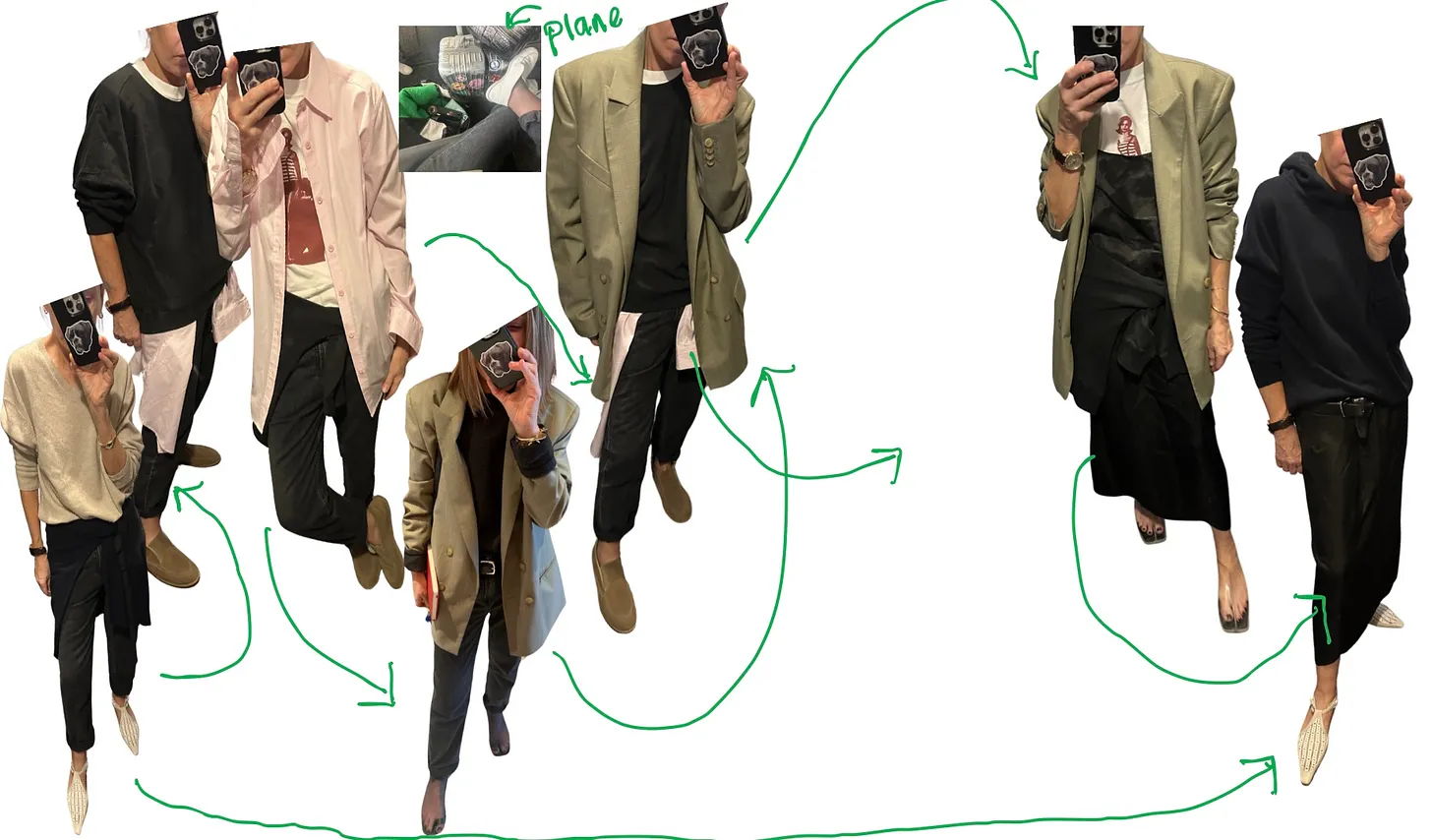 A collage of outfit ideas with green arrows indicating style variations.