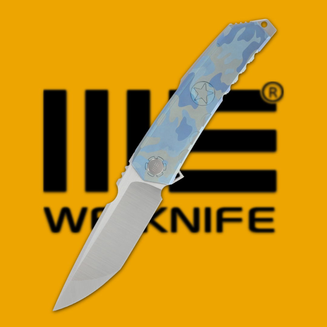 A folding knife with a blue handle on an orange background.