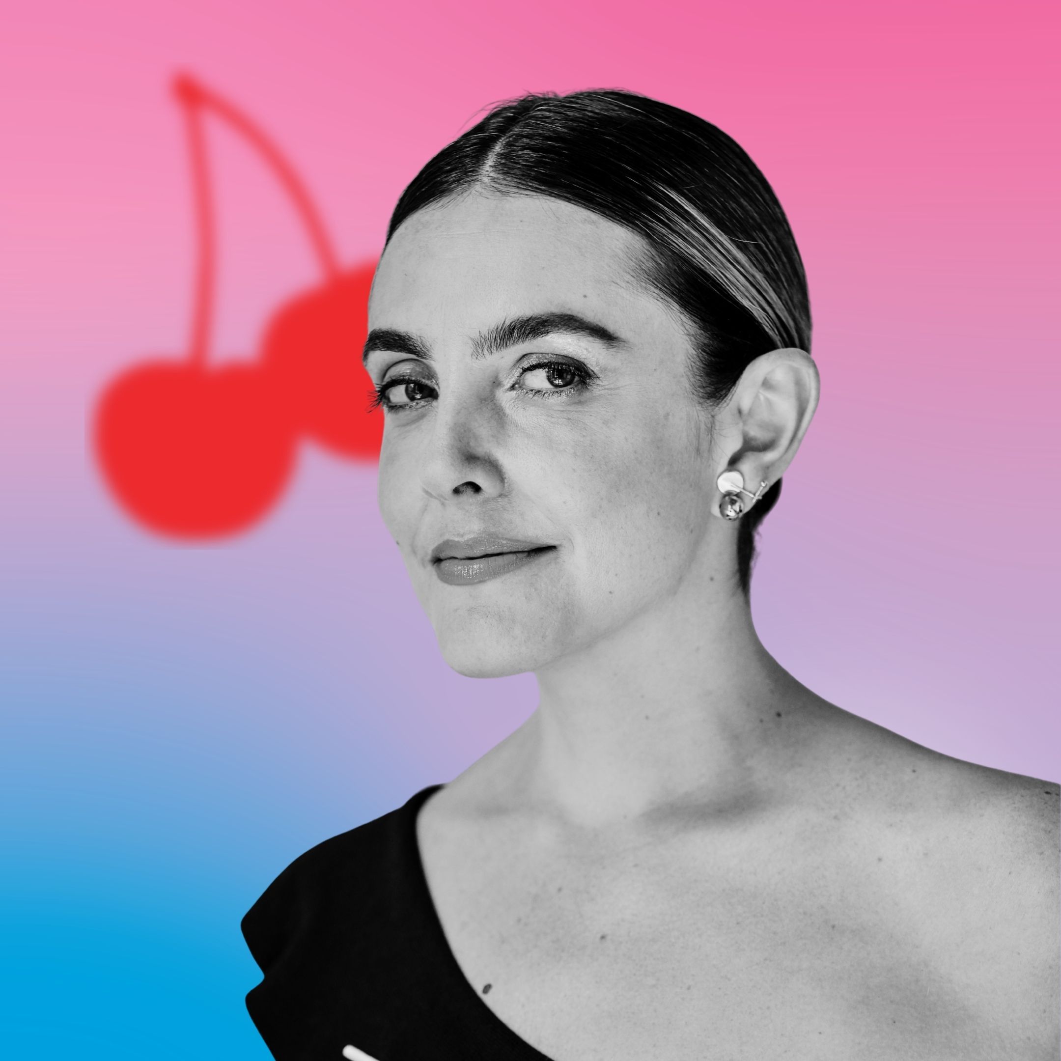 A person with a stylish hairstyle against a colorful cherry-themed background.