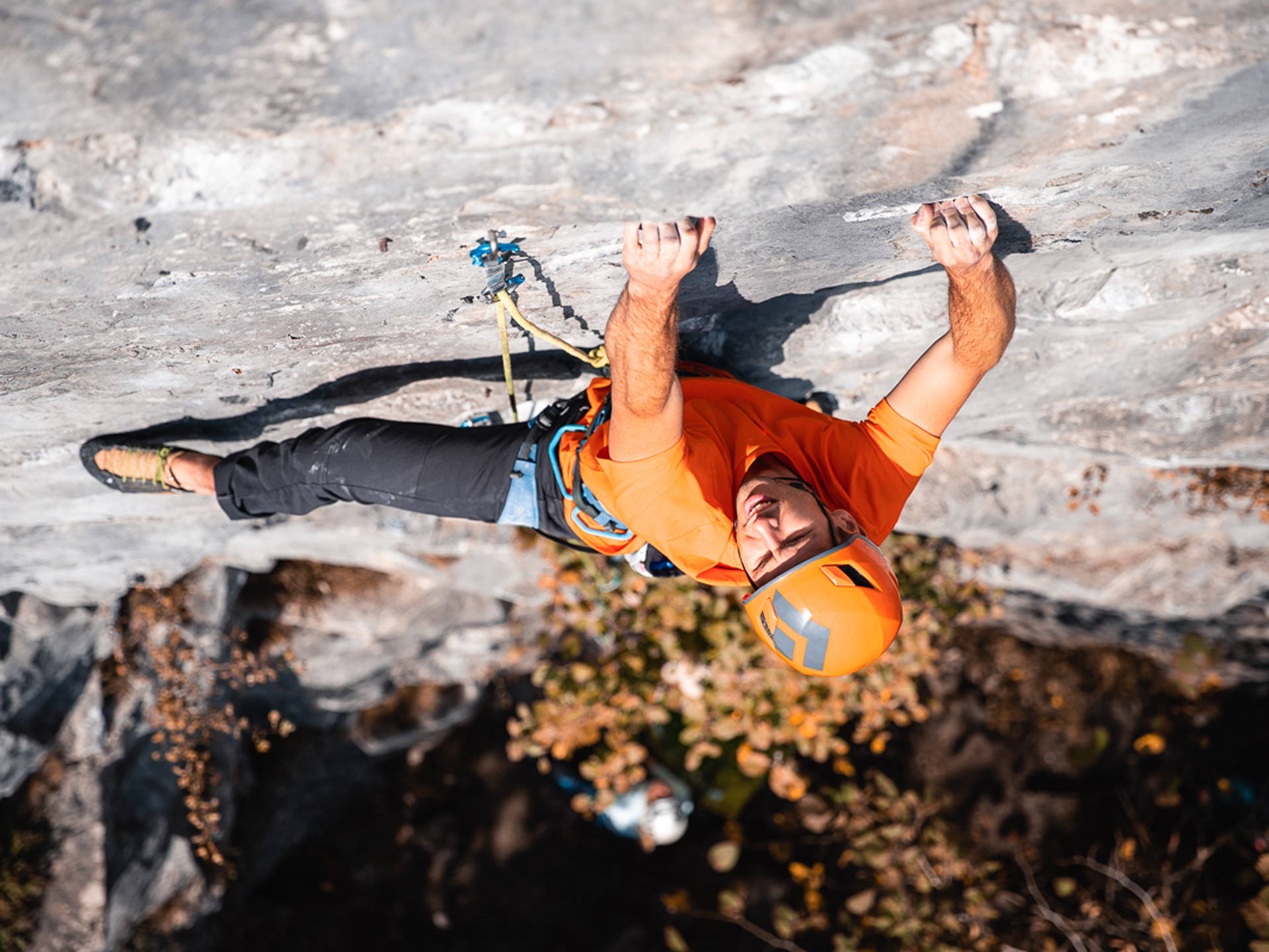 James Taylor sport climbing on the white limestone of the Peak District, UK