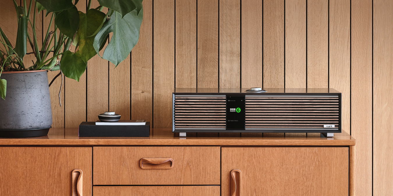 A wooden cabinet with a speaker and a plant on top.