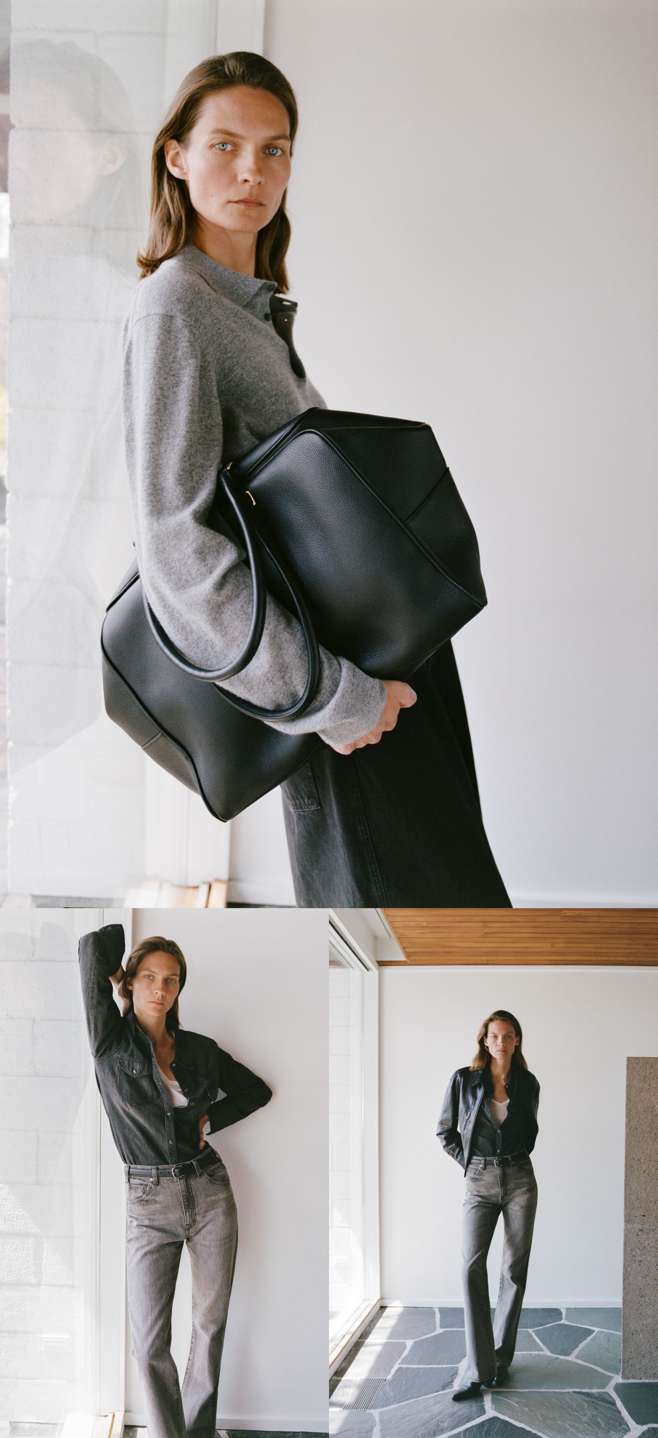 Model posing with a black bag, showcasing stylish outfits in a modern setting.