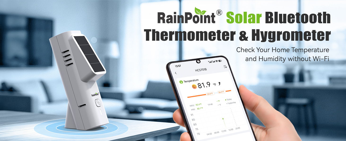 RainPoint Solar Bluetooth Thermometer and Hygrometer with smartphone display.