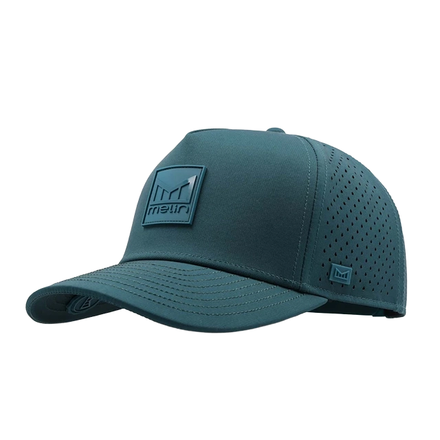 A teal baseball cap with a logo on the front.