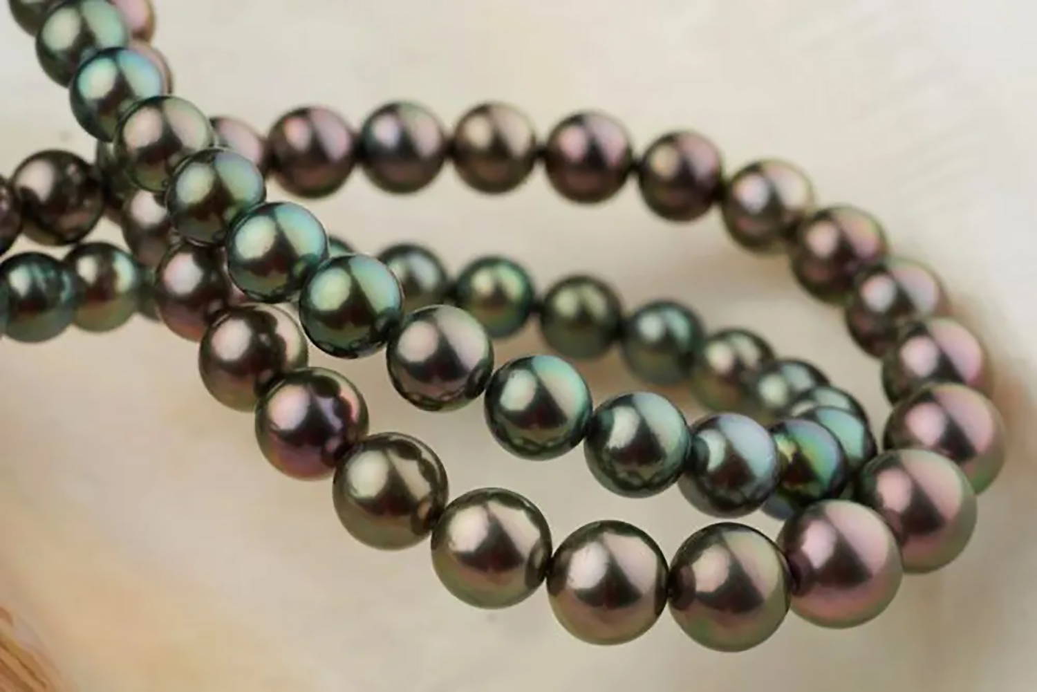 Close Up of Green and Rose Tone Tahitian Pearls